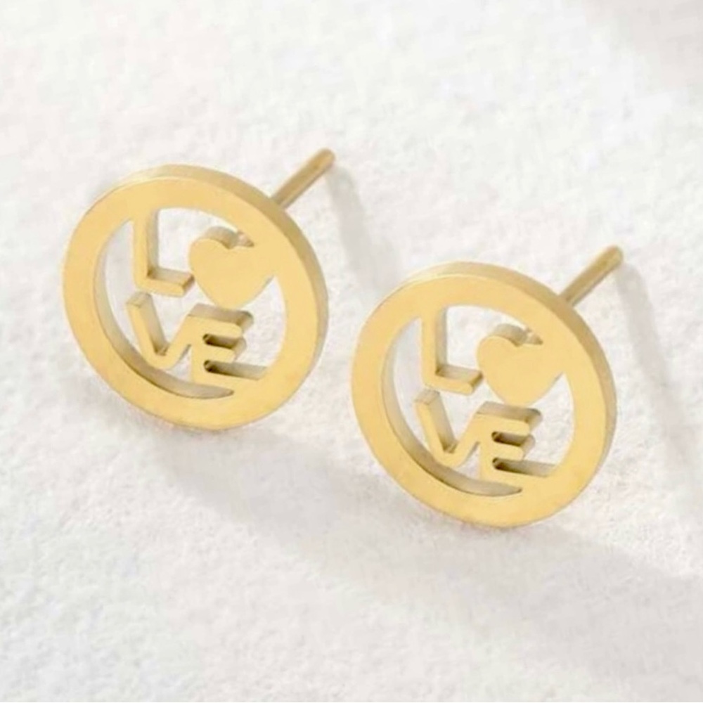 “LOVE” Letters Heart Gold Stainless Steel Cut-Out Circle Romance Mini Tiny Studs - Picture 6 of 11